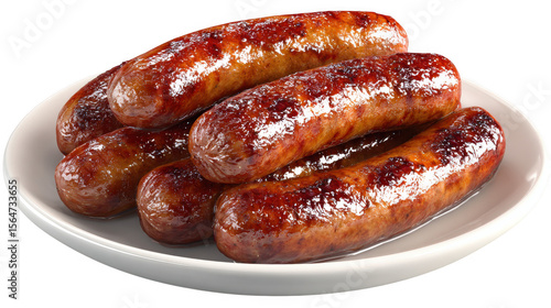 Sausages on plate cooked and glistening on transparent background