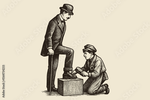 Shoe shine service vintage engraving style vector illustration