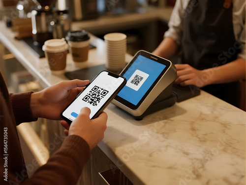 Contactless payment using QR code for a modern business transaction at a cafe using phone and tablet, convenience and technology.