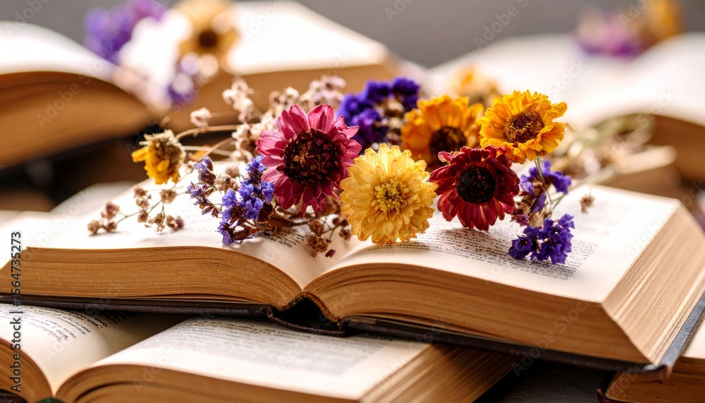 Obraz premium Dried Flowers on Vintage Book Pages 