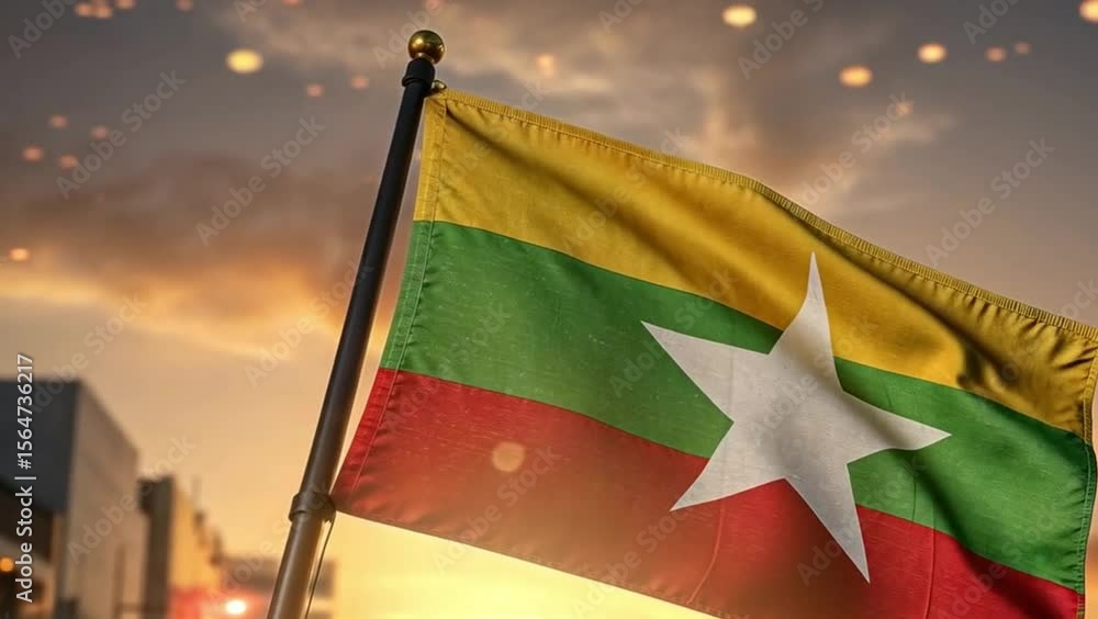 Low-angle video shot of the Myanmar flag waving against a vibrant sunset, creating a patriotic and inspiring atmosphere with warm tones. Live desktop wallpaper. 