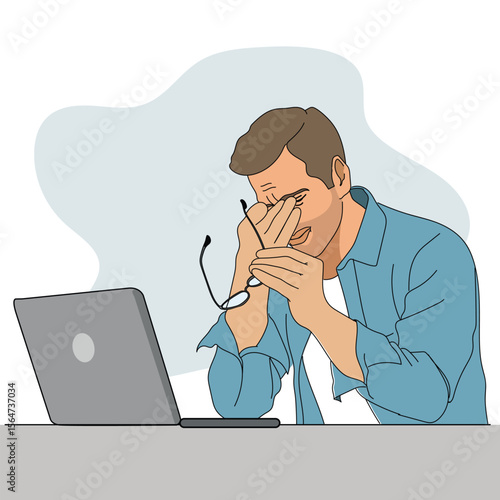 Feeling exhausted. Frustrated a man massaging his nose and keeping eyes closed while sitting at his working place in office. vector,illustration