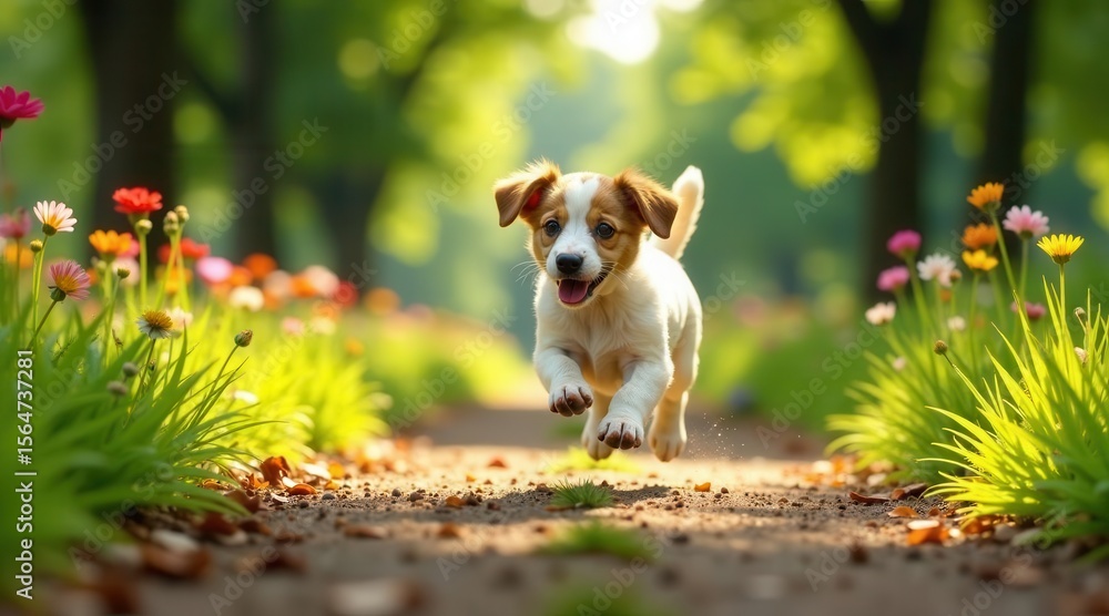 Fototapeta premium Joyful Puppy Leaps Through a Sunny Path Lined with Blooming Wildflowers, Embracing the Warmth and Beauty of Nature's Embrace