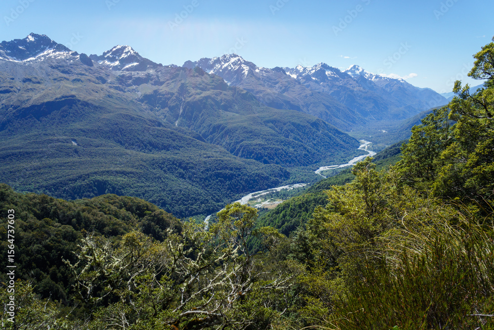 Fototapeta premium View of mountains and winding river. Routeburn Track. South Island.