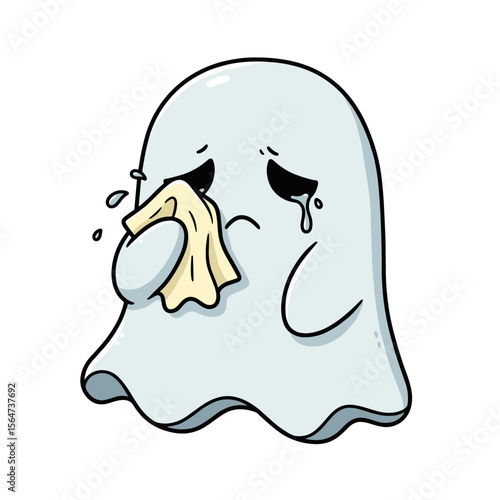 Cartoon-style line art of a crying ghost holding a handkerchief, with teardrops and a sad expression, illustrated in a cute and emotional way.