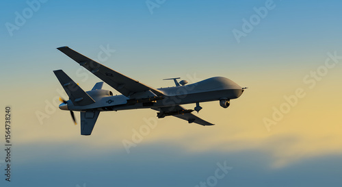 Drone in Flight: High-Altitude Surveillance, Military UAV, Advanced Technology, Skyward Mission, Aerial Power, Defense Innovation