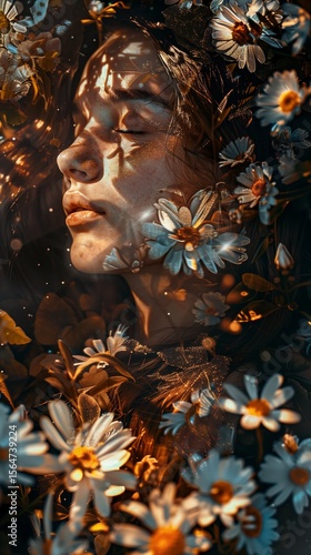 Woman surrounded by flowers in a serene setting during golden hour light
