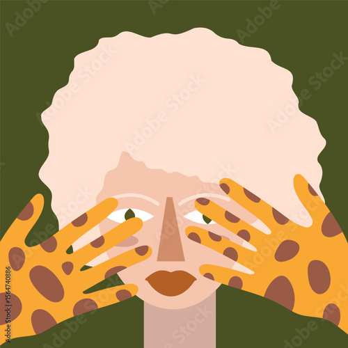 This abstract vector illustration features a stylized face partially concealed by vibrant, patterned hands. A bold depiction of identity and emotion through modern art techniques.
