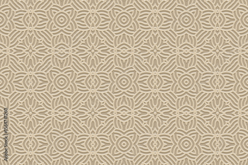 Ethnic patterned beige background, cover design, banner, wallpaper. Geometric elegant boho 3d pattern, embossing. Tribal ornaments, arabesques, mandala, fresco of the East, Asia, India, Mexico, Aztec