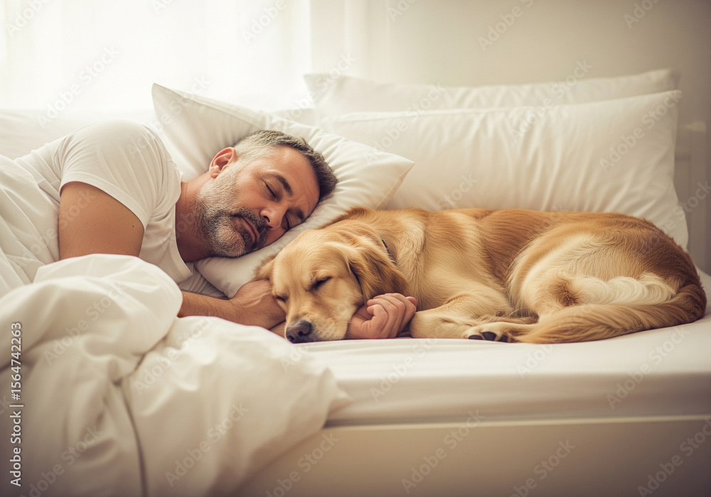 Sweet dreams and furry cuddles. A man enjoys a restful sleep with his beloved golden retriever dog nestled beside him under the covers Sweet dreams and furry cuddles. A man enjoys a restful sleep with his beloved golden retriever dog nestled beside him under the covers