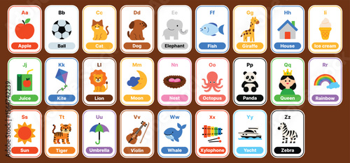 Colorful alphabet flashcards from A to Z with cute illustrations. Perfect for phonics, preschool, kindergarten, school lessons, ESL education, worksheets, posters, and learning apps.