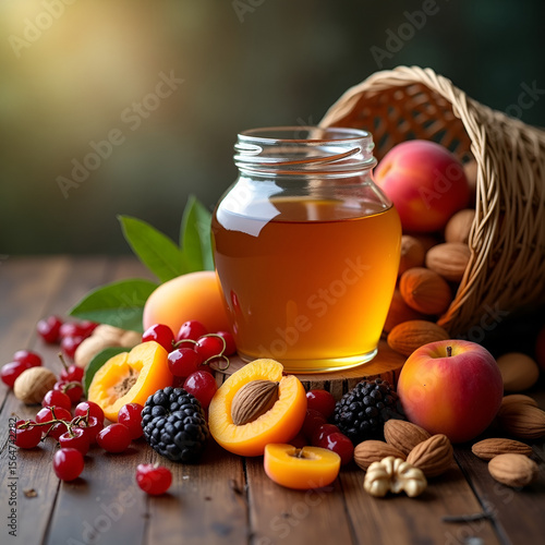 A vivid still life shows a golden honey jar at the center, surrounded by dried fruits and mixed nuts spilling over a rustic table. Soft light and shallow depth highlight their rich textures and hues.
