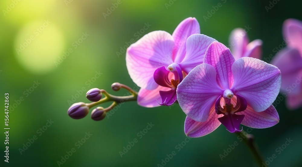 Naklejka premium Delicate Pink Orchids Blooming in Soft Sunlight, Displaying Intricate Petals and Vibrant Hues, a Symbol of Serenity and Natural Beauty