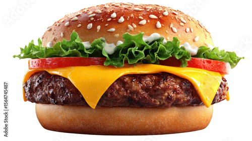 Close up of burger with cheese and tomato on transparent background