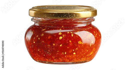 Jar of red pepper jelly close up view on transparent background