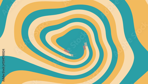 Swirling abstract pattern with teal, yellow, and cream bands creating a hypnotic vortex effect