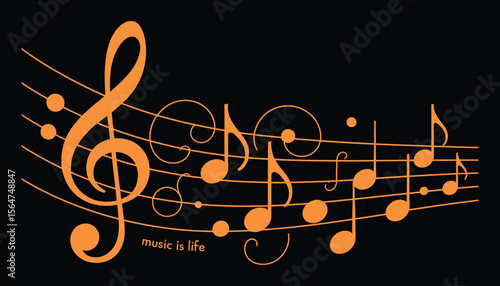 A stylized musical notation design in bright orange against a pure black background