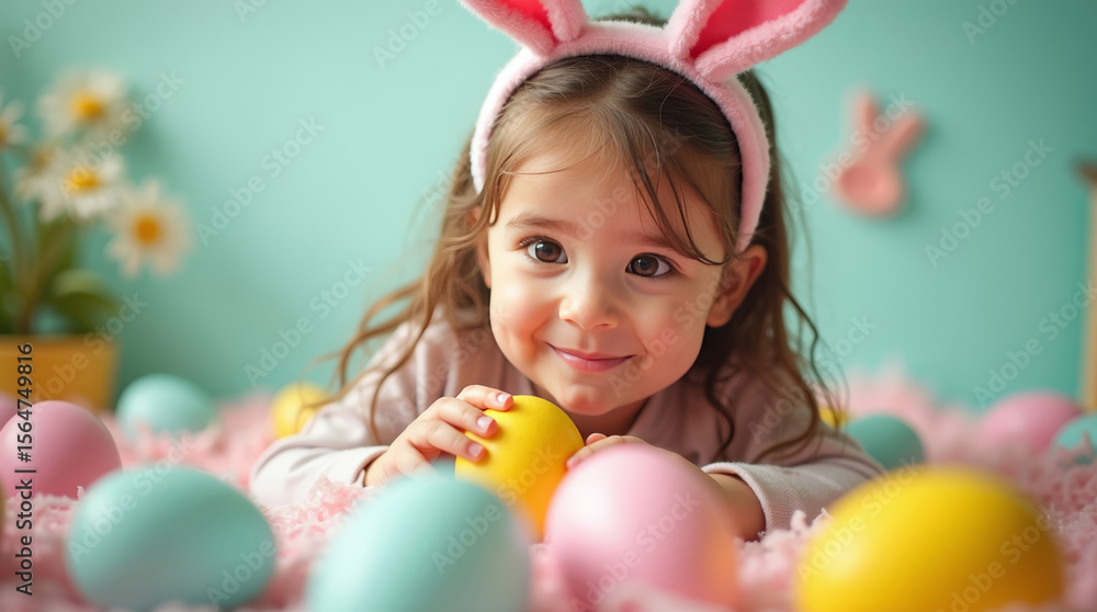 Adorable blonde girl with bunny ears smiles brightly, surrounded by pastel Easter eggs and soft light Adorable blonde girl with bunny ears smiles brightly, surrounded by pastel Easter eggs and soft light