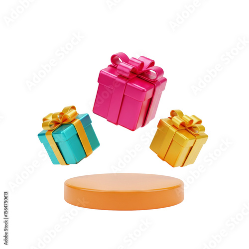 Floating Gift Boxes Above Orange Platform on White Background