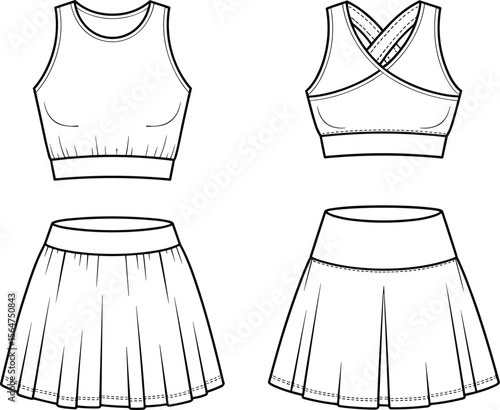 Fashionable activewear outfit flat sketch, includes sports bra front and back views, pleated tennis skirt, technical cad vector drawing
