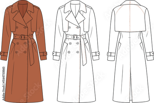 Classic women's trench coat fashion technical sketch, front and back view, CAD drawing, vector illustration, detailed outline, apparel design