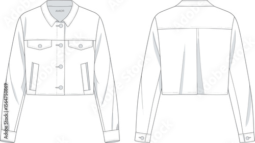 Front and back view technical fashion flat of cropped denim jacket with pockets, button closure, collar, long sleeves, and stitching