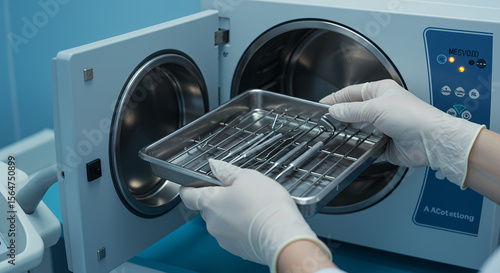 Sterilizing Dental Tools: Glove Hands Placing Instruments in Autoclave for Hygiene & Safety - Dental Clinic, Infection Control, Cleanliness
