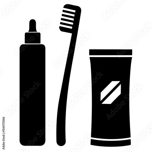 Dental hygiene set toothbrush toothpaste and mouthwash silhouette vector illustration
