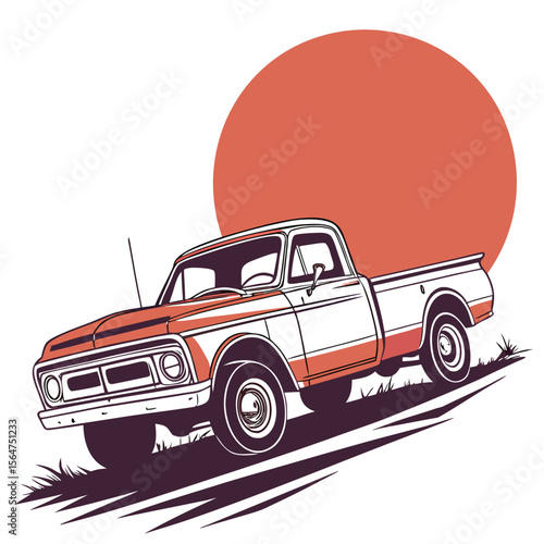 Vintage Cherry Red Pickup Truck with Sunset Backdrop – Bold Graphic Illustration

