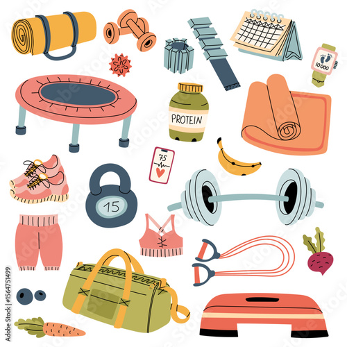 Set of sports equipment. Collection on the topic of fitness, sports, and training. Flat color illustration with a doodle outline. For posters, sports materials, blogs, fitness, and a healthy lifestyle