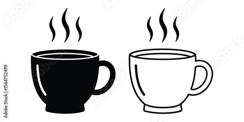Minimalist black and white coffee mug icon with steam symbol, simple vector illustration for food and drink design