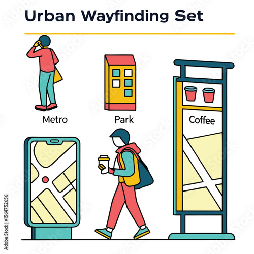 Illustration showing urban wayfinding elements including metro park coffee and digital map display