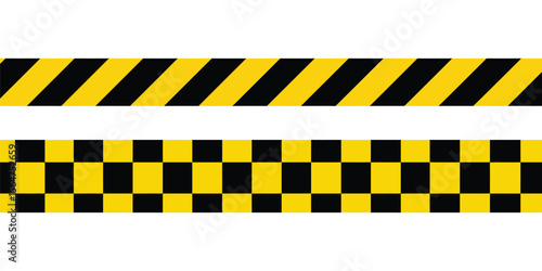 Flat Vector Caution Warning Tape Set with Diagonal Stripe and Checkerboard Patterns, Industrial Safety Design for Hazard Marking