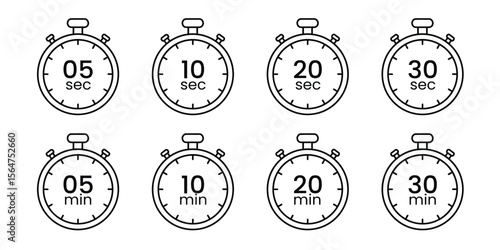 Flat Line Art Stopwatch Icon Set with Countdown Times, Minimalist Timer Symbols for UI Design