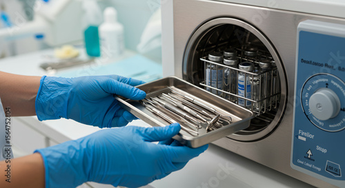 Dental Sterilization: Safe Hygiene Practices. Instruments in Autoclave for Cleanliness & Infection Control in Clinic. Healthcare & Medical Safety