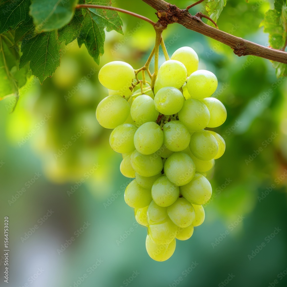 A bunch of green grapes hanging from a vine. Sunlight filters through the leaves, illuminating the grapes. The grapes appear ripe and juicy A bunch of green grapes hanging from a vine. Sunlight filters through the leaves, illuminating the grapes. The grapes appear ripe and juicy