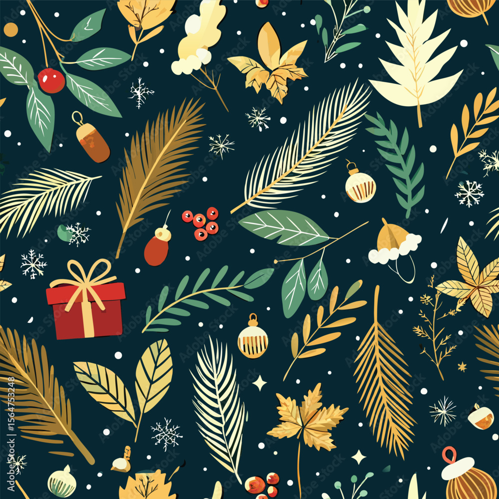 Naklejka premium Elegant Seamless Winter Holiday Pattern with a Cute Cat Illustration