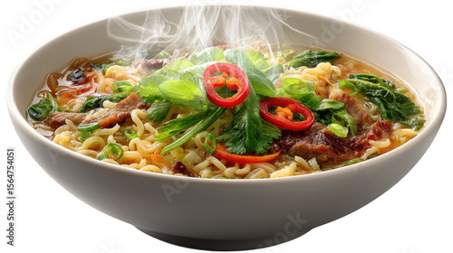 Steaming bowl with ramen and vegetables on transparent background