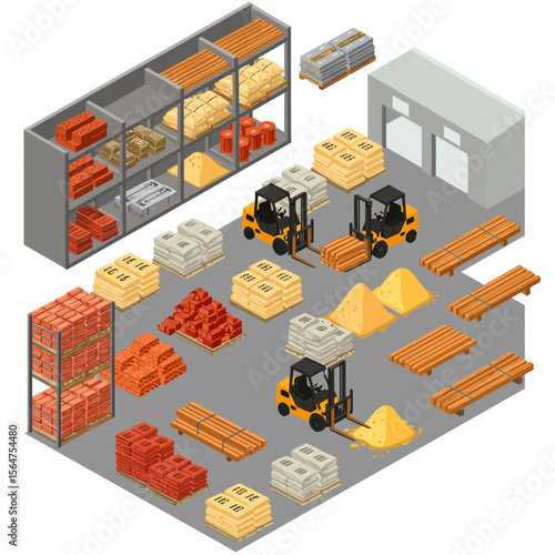 Isometric illustration of a warehouse interior with forklifts, shelves, and various construction materials like bricks, sand, and wood.