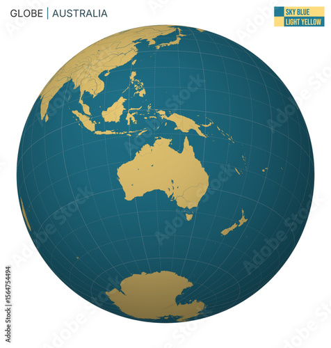 Vector Globe centered to Australia. Sky Blue Light Yellow palette. World map with meridians, parallels, countries, rivers and lakes. Classy vector illustration.