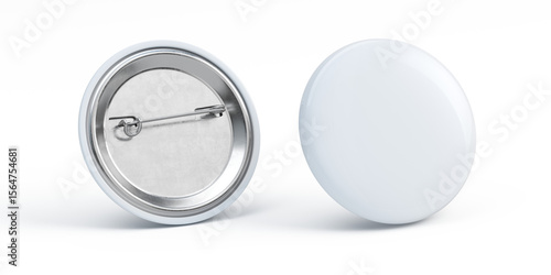 White badge pin brooch mockup. White round badge on metal pin