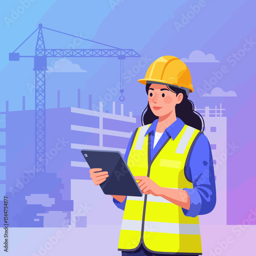 Female construction worker in hard hat and safety vest using a tablet at a construction site.