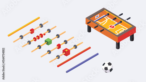 Isometric foosball table with rods, players, and a soccer ball on a light background scene viewed from above