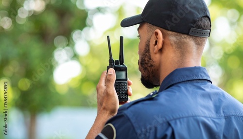 Security Guard Using Two Way Radio Communication Outdoors.