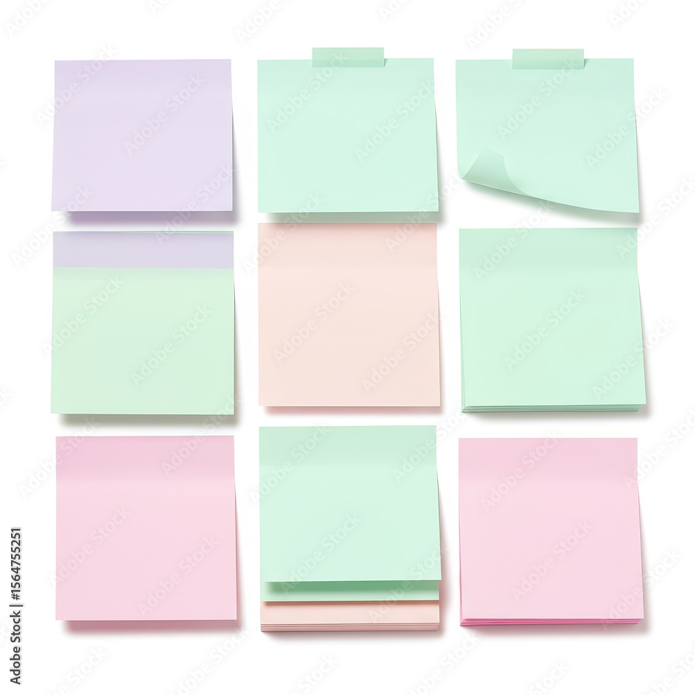 Fototapeta premium Collection of pastel sticky notes in mint, pink, and lavender tones on white background, great for planning visuals, note-taking concepts, and productivity themes