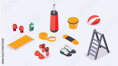 Isometric view of boxing and fitness equipment arranged on a white surface in a studio setting