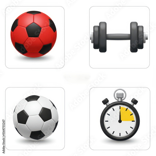 Set of fitness and sports emoji icons including stopwatch, soccer balls, dumbbell, isolated on white background, perfect for health, wellness, training, and mobile app design