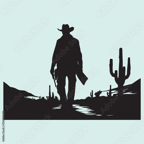 Western Cowboy and Cactus Silhouette in Desert Landscape