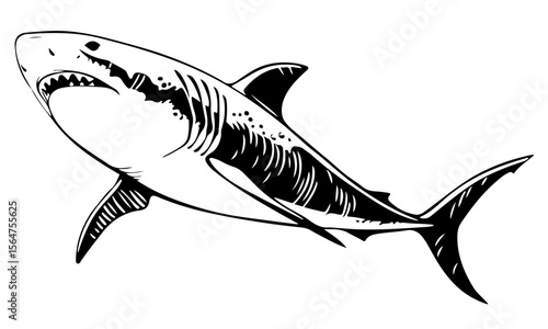  black and white shark with its mouth open and sharp teeth visible on a white background.