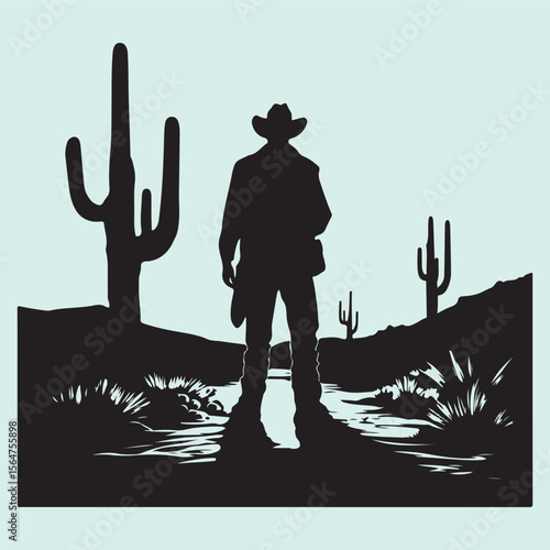 Cowboy Silhouette Icon in Desert Cactus Landscape